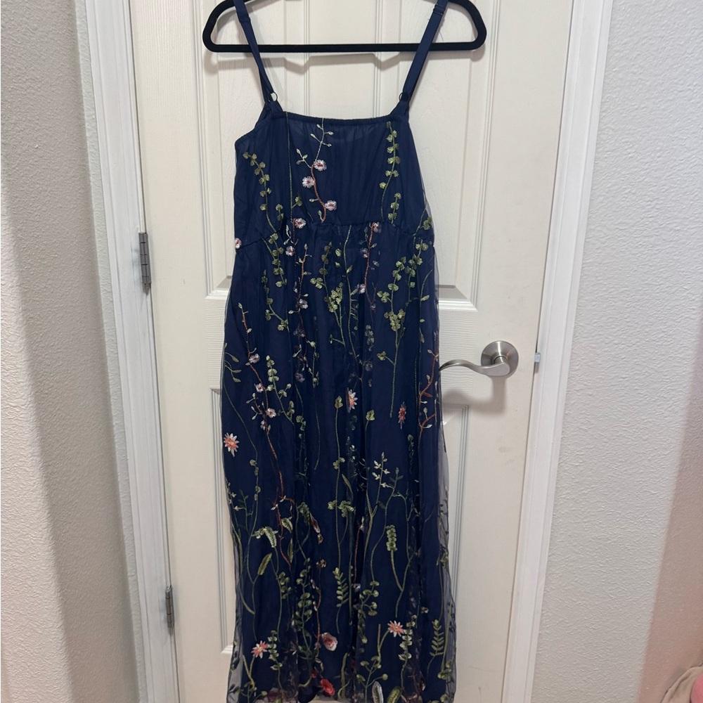 BloomChic Navy Dress with Floral Embroidery